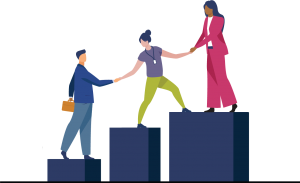 Mentor helping employees climb stairs