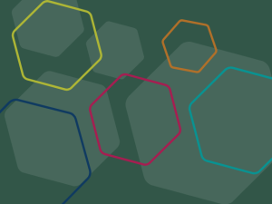 Decorative image of coloured hexagons on a green background