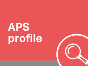 A red background with white text saying APS Profile. It contains the symbol of a magnifying glass in the lower right corner