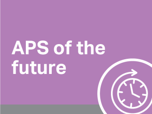 The words APS of the Future in white on a purple background. In the bottom right hand corner is a symbol of a clock