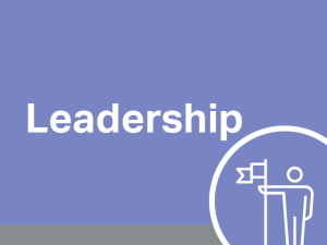 The word Leadership on a purple background. In the lower right corner there is a symbol of a human holding a flag