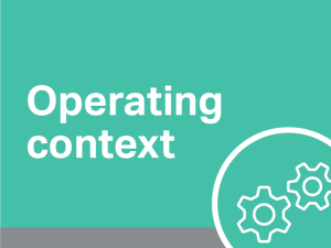 The words operating context on a light green background. In the lower right hand corner is a symbol depicting two gears