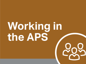 The words Working in the APS on a brown background. In the bottom right hand corner are symbols of 3 human figures