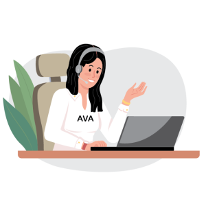 Illustration of a woman with a headset sitting at a desk using a laptop, labeled "AVA" on her shirt. The scene suggests a customer service or virtual assistant role, with neutral background and green plant accents.