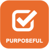 An orange square with rounded corners there is a white check mark in the centre with the word purposeful underneath in white