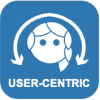 A blue square with rounded corners it features a simply drawn human face in white with long hair and the word user-centric underneath