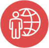 White line art illustration of a human figure in front of a globe