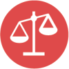 A white line art illustration of old scales within a red circle