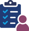 icon of a clipboard with a list of ticks and a person icon in front